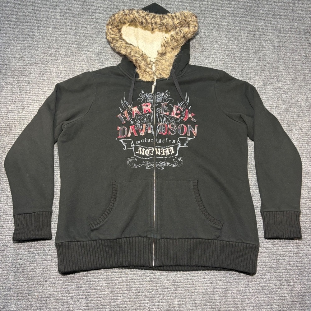 Harley Davidson Womens Black Zip Hoodie Faux Fur Sherpa Lined Plaid Logo 1W